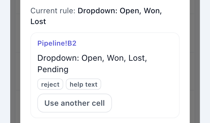 The Propagate from a cell dialog: the current rule Dropdown: Open, Won, Lost and the selected cell Pipeline!B2 carrying the new rule Dropdown: Open, Won, Lost, Pending